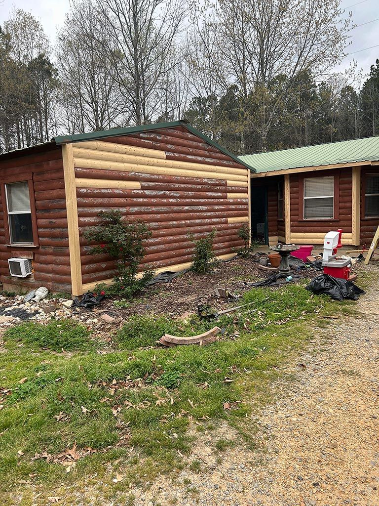 Log house home repair and restoration project with fence installation